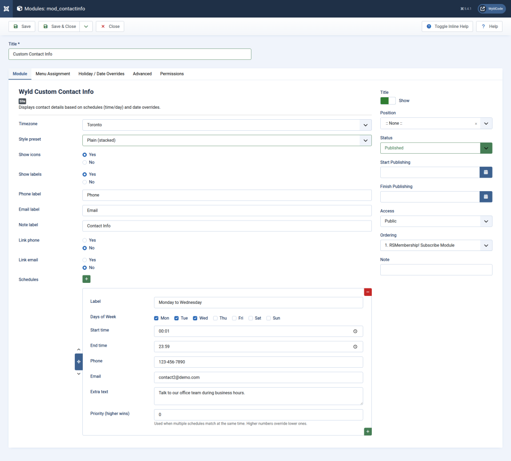 Custom Contact Info Module for Joomla Main Settings