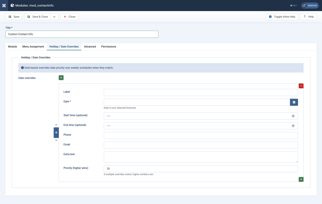 Holiday / Date overrides for Custom Contact Info Module